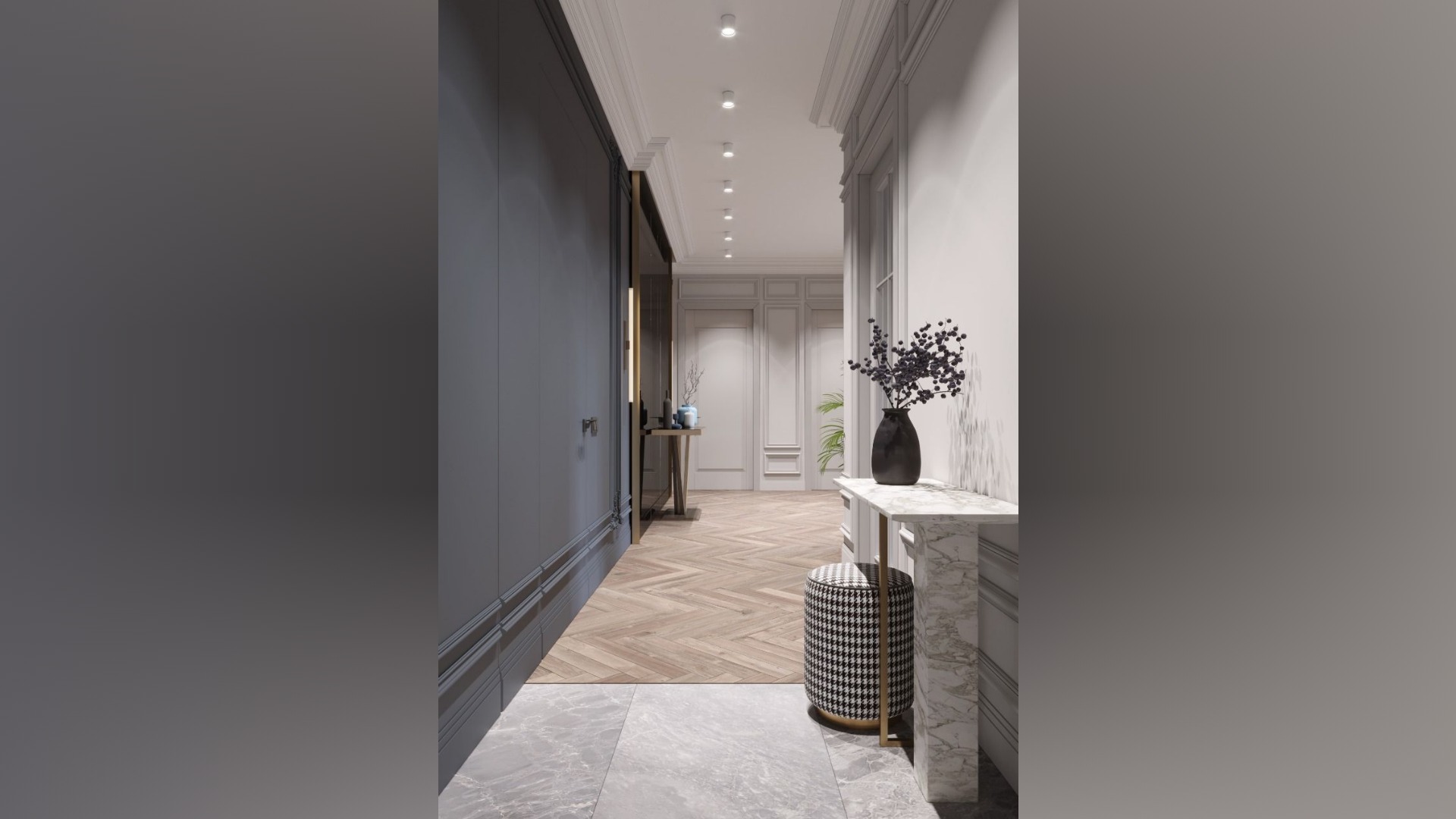 Subtle grey moldings and herringbone floors guide the gaze past a slender marble console towards integrated storage within this Mount Pavilia residential design.