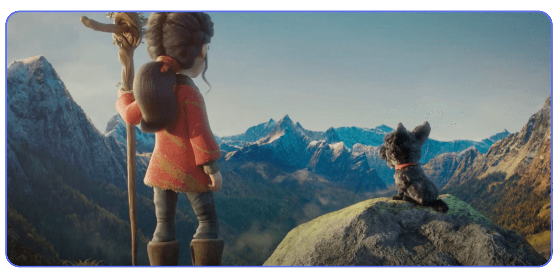 Shepherd girl and her dog overlooking a mountain landscape in Spring, a short animated film created with Blender