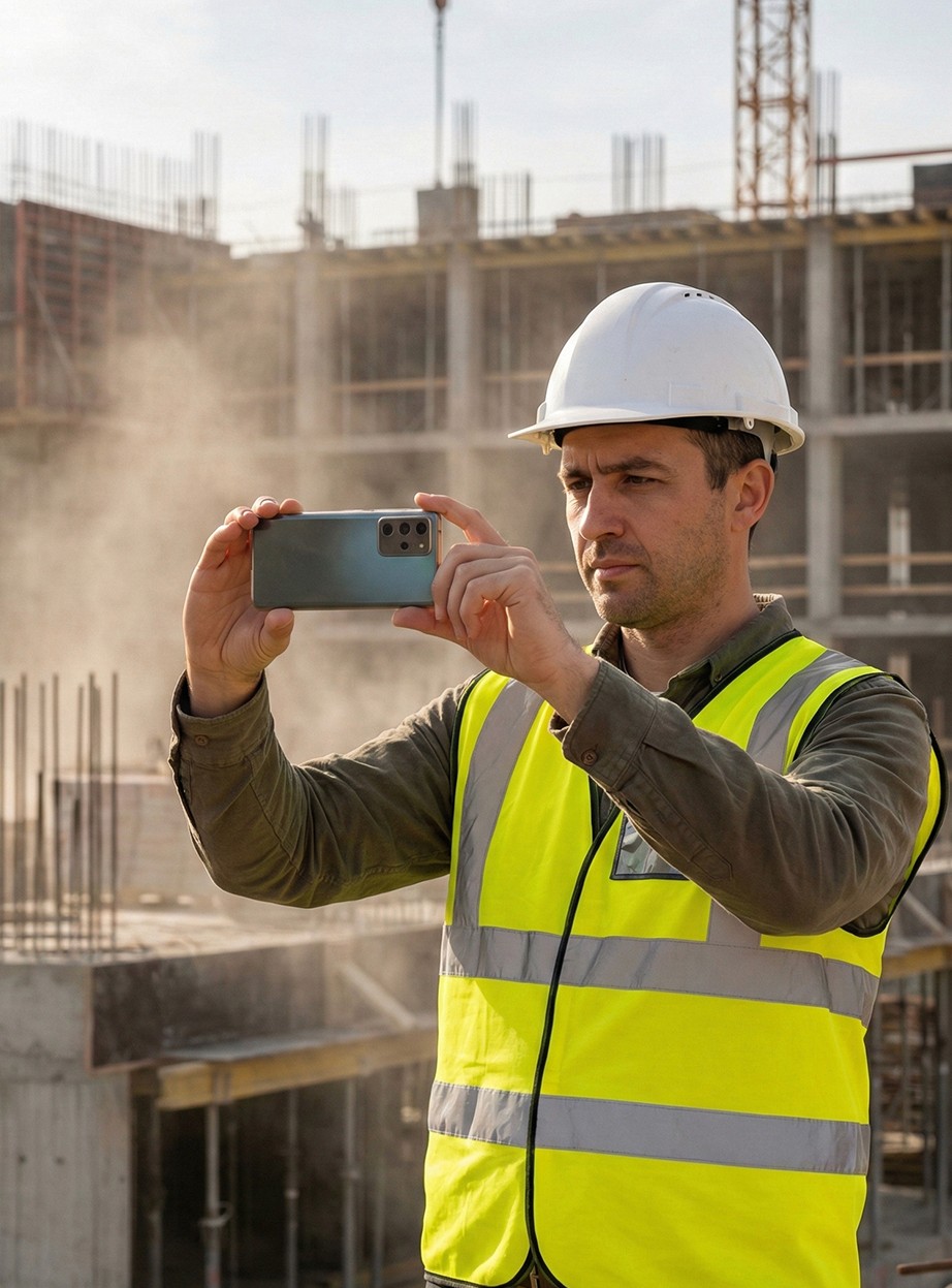 Um profissional com capacete branco e colete reflexivo utiliza um smartphone para registrar uma obra em estágio avançado de estrutura. A poeira suspensa no ar e a complexidade das armações de aço ao fundo ilustram a dificuldade de obter registros nítidos e precisos em ambientes de canteiro sob condições adversas.