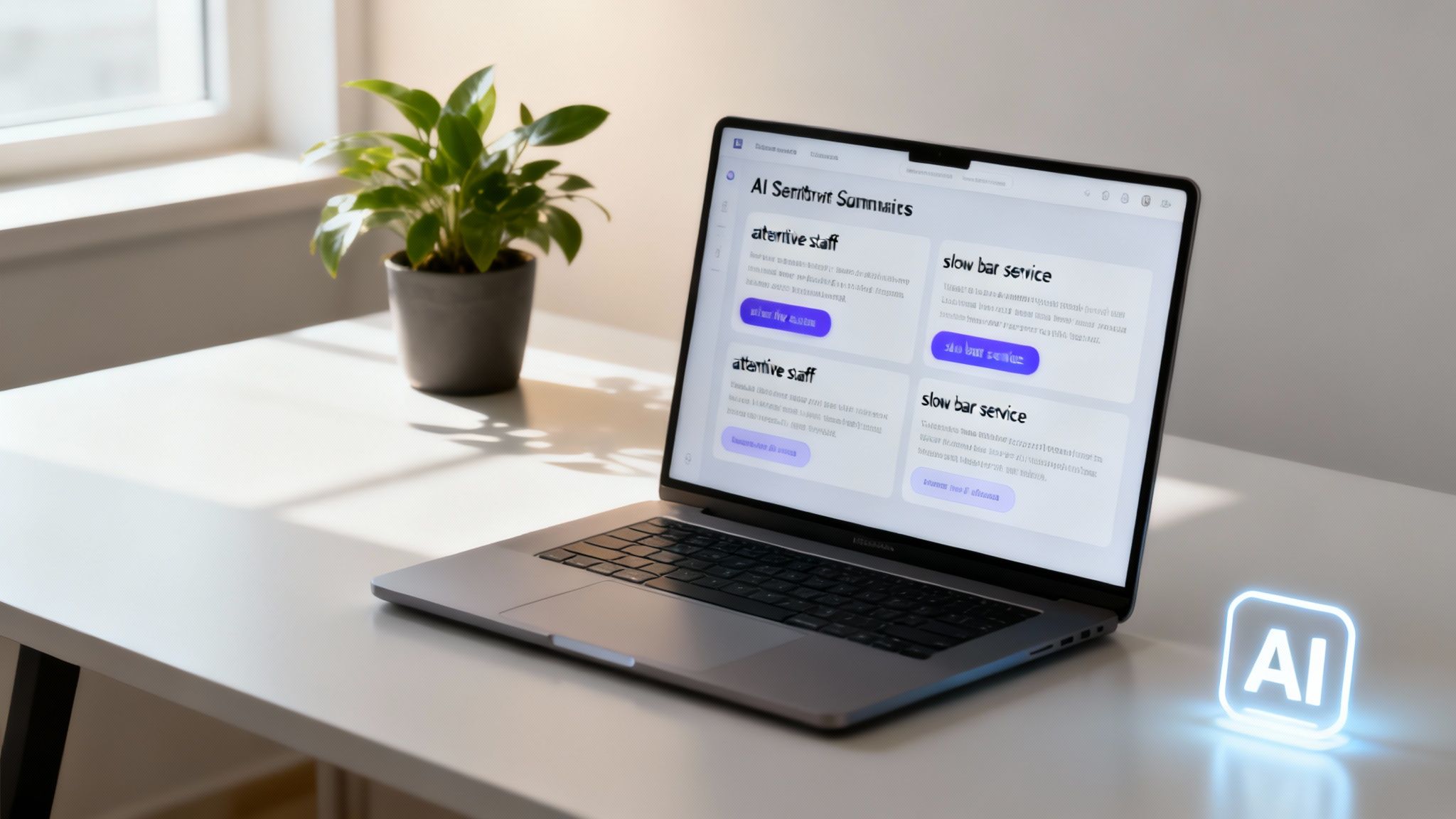 Modern workspace with a laptop showing AI summaries, a plant, and a glowing AI logo.