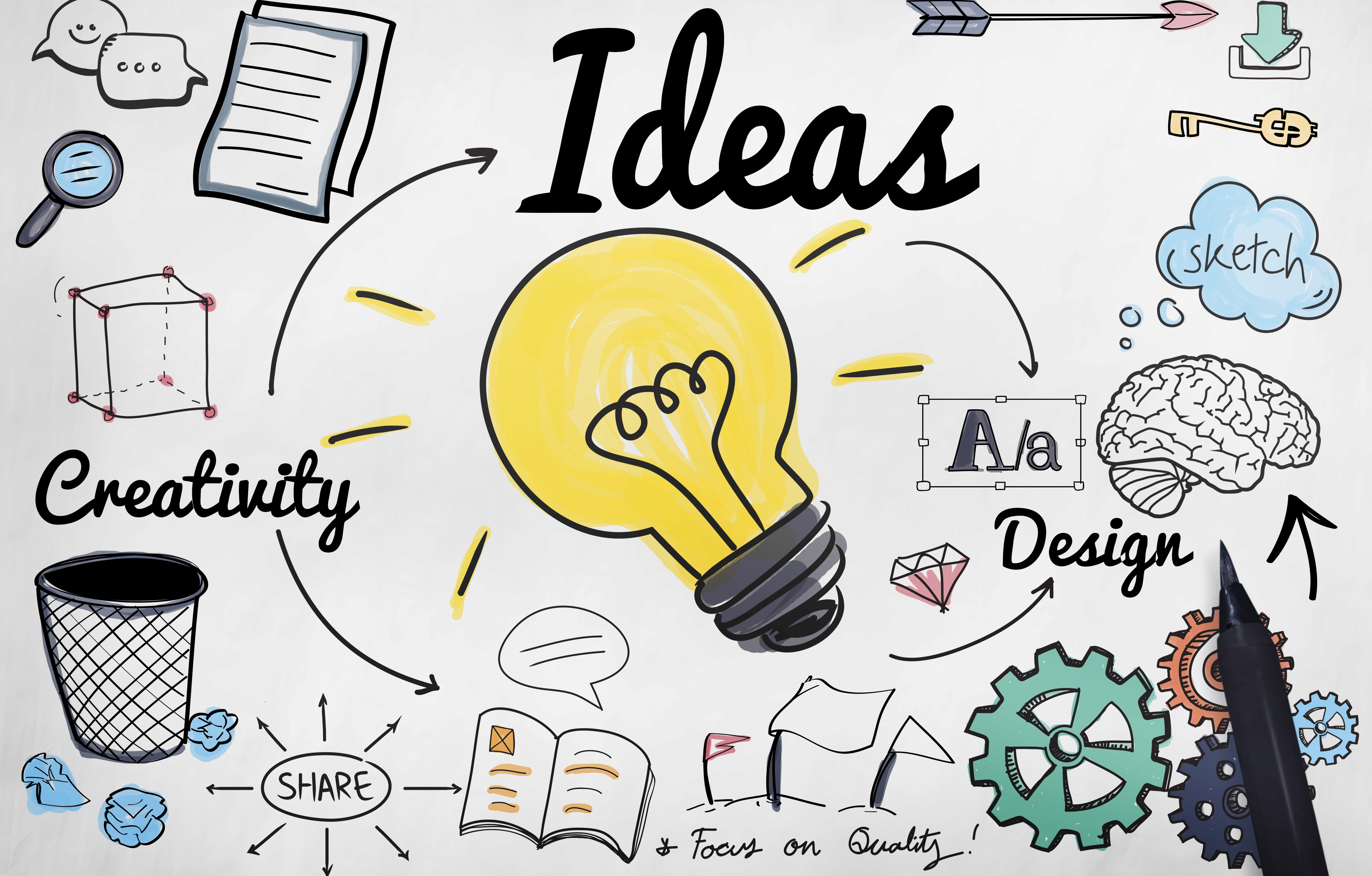 Creative doodle of a lightbulb with the words “Ideas,” “Creativity,” and “Design.”