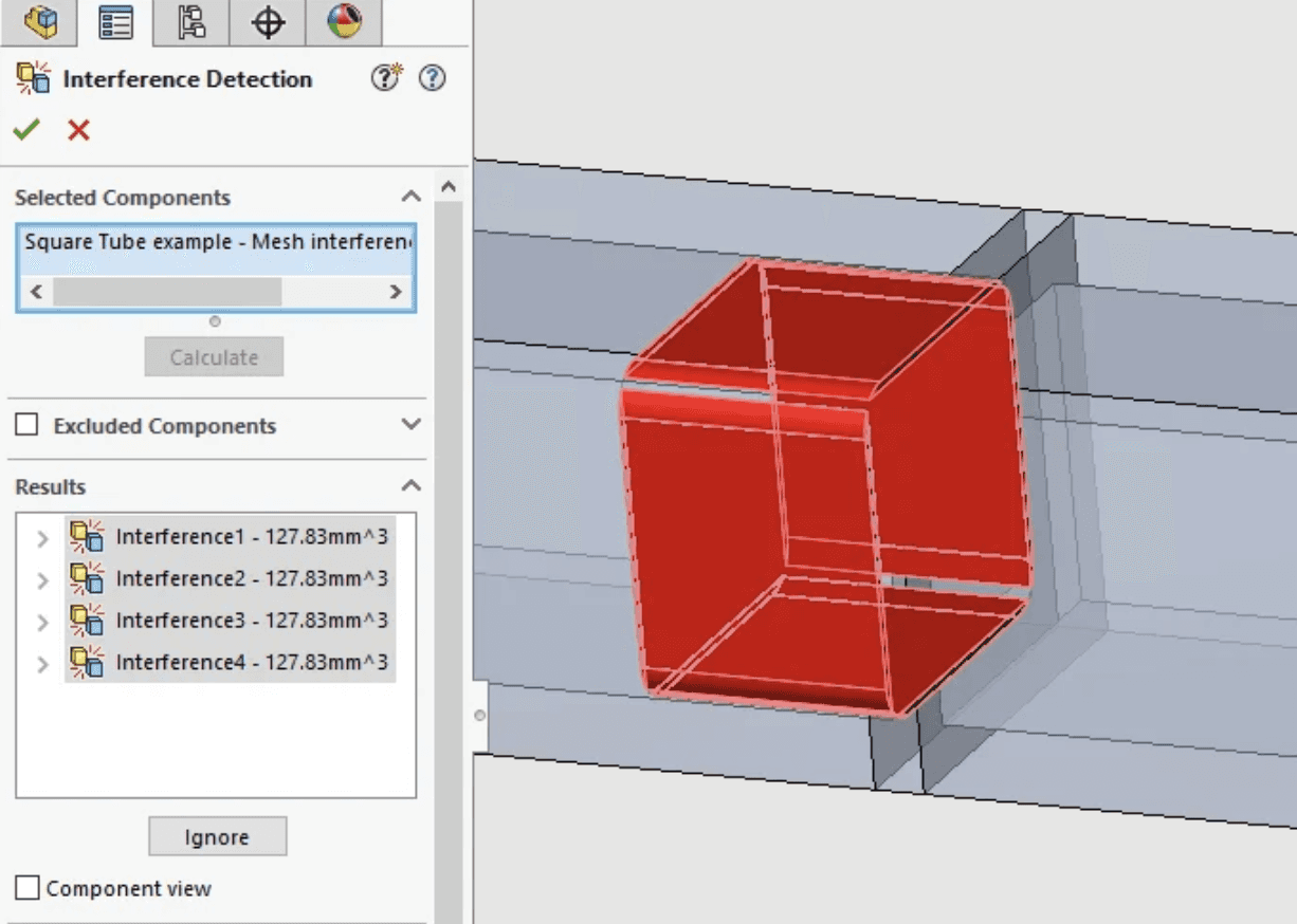 SOLIDWORKS Interference Detection displaying intersecting geometry for inspection.