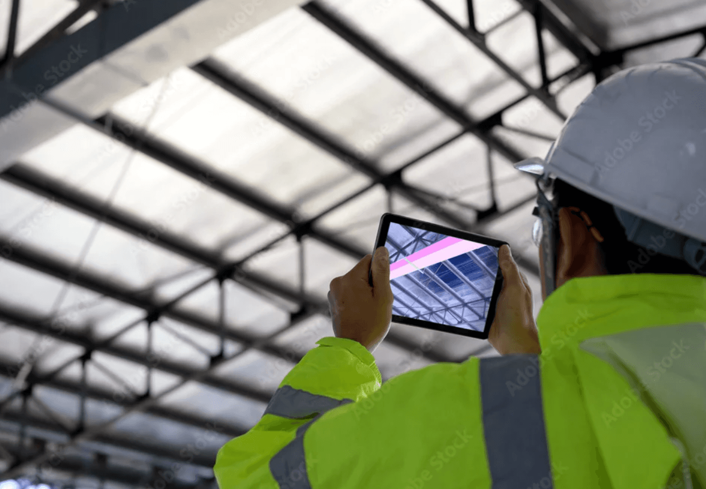 Ein Bauleiter mit einem BIM Modell auf einem Tablet in einer Halle.