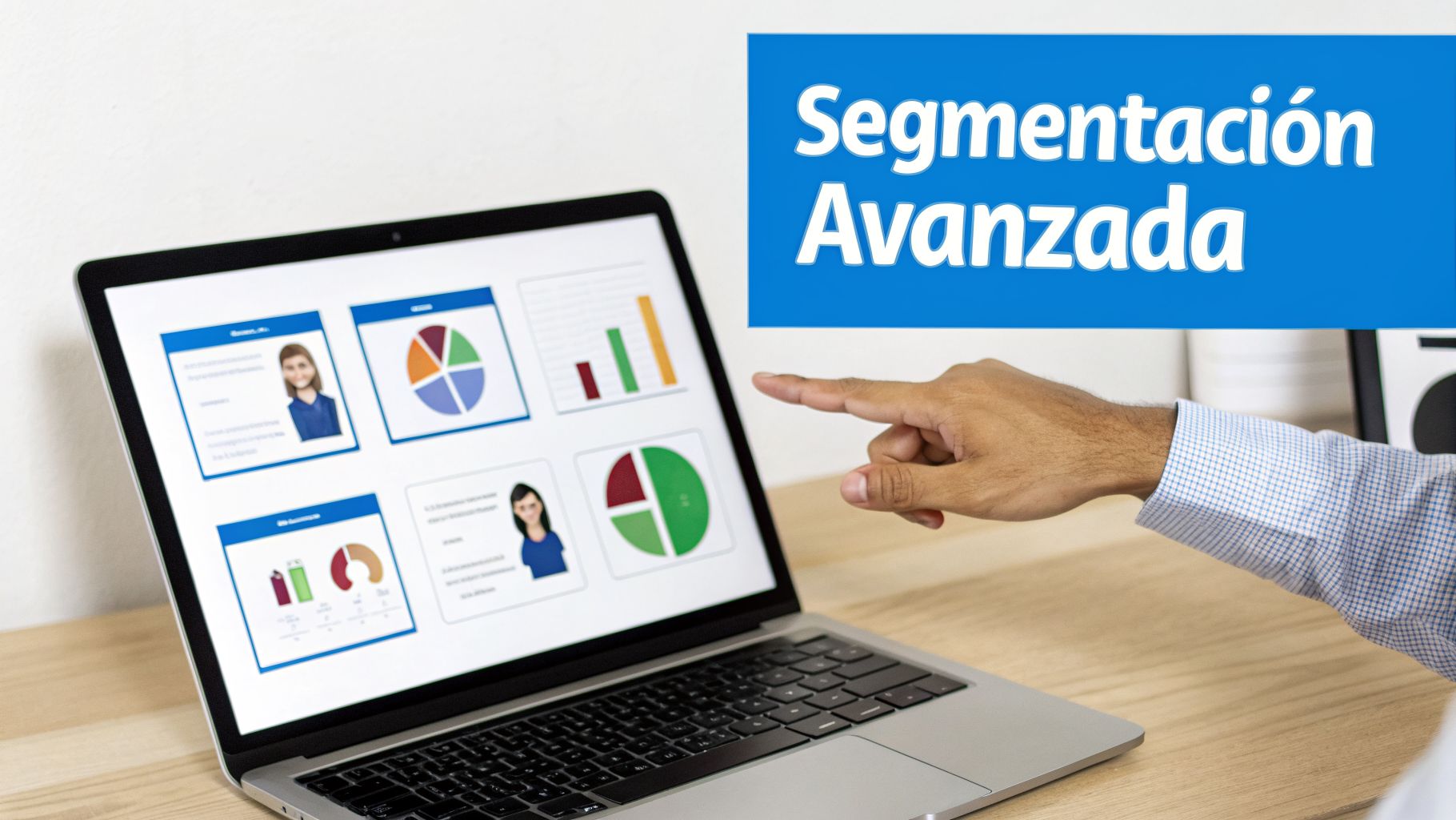 Una mano señala una pantalla de laptop mostrando análisis de datos, gráficos y perfiles de usuario. Título: 'Segmentación Avanzada'.