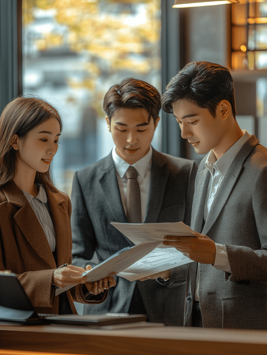 three asian office workers reviewing papers