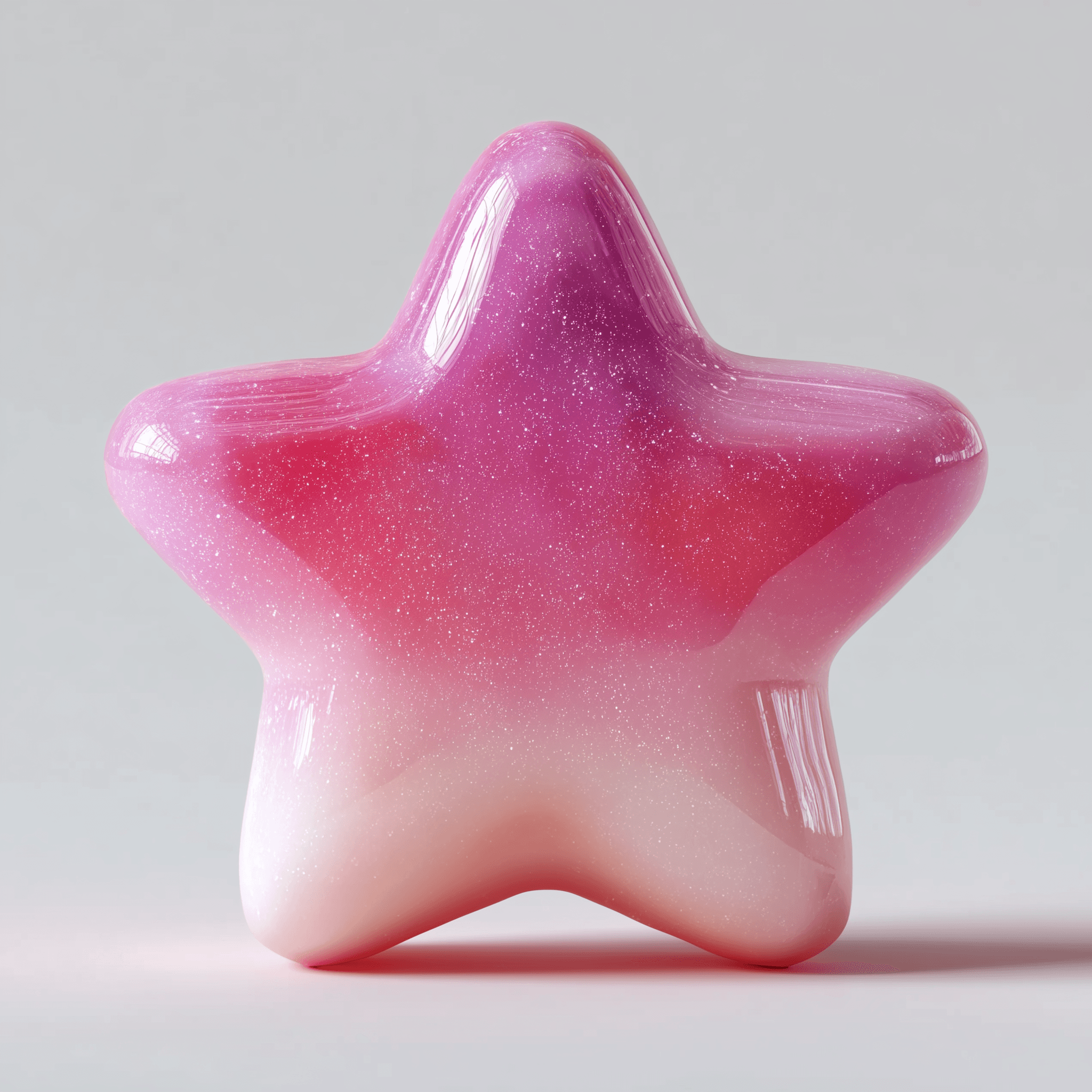 A glossy 3D star with a smooth pink-to-white gradient, sparkly surface texture, and rounded edges on a transparent background.