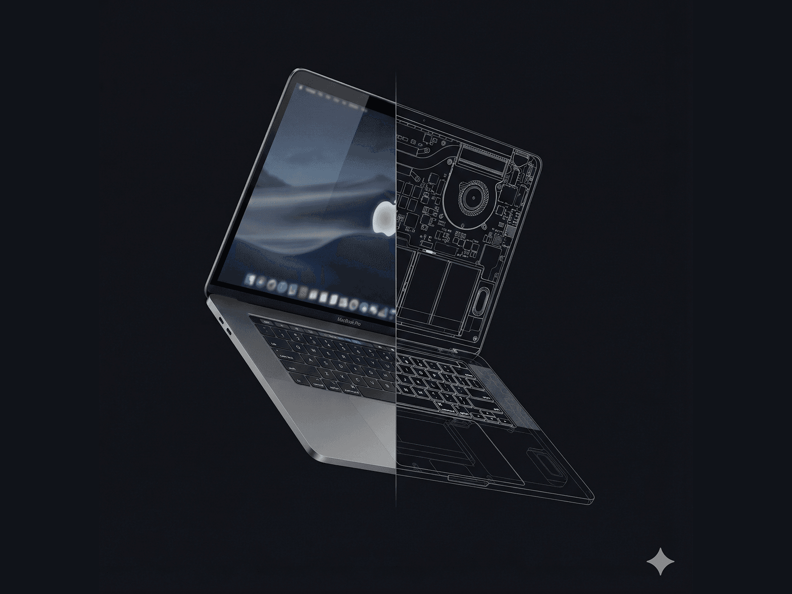 3D model of a laptop computer, with an X-ray view of the inner components on one side. The other side is the user's view.