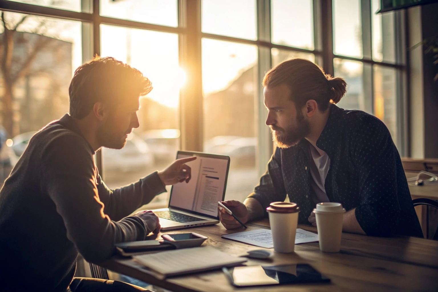 Two colleagues discussing a website build together over a laptop at a studio desk in late afternoon light