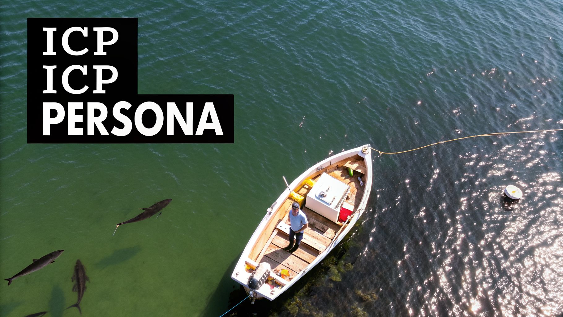 Aerial view of a person in a small boat on green water surrounded by sharks, with 'ICP ICP PERSONA' text overlay.