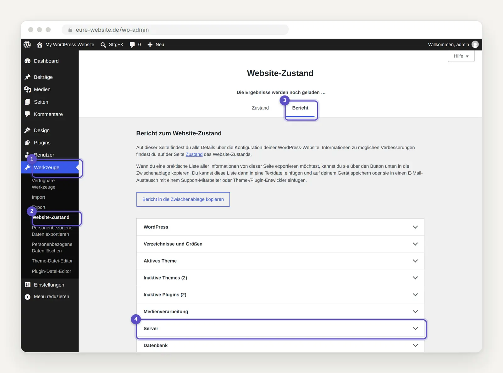 WordPress Admin Panel: Tools → Site Health; the "Report" tab and "Server" section are highlighted