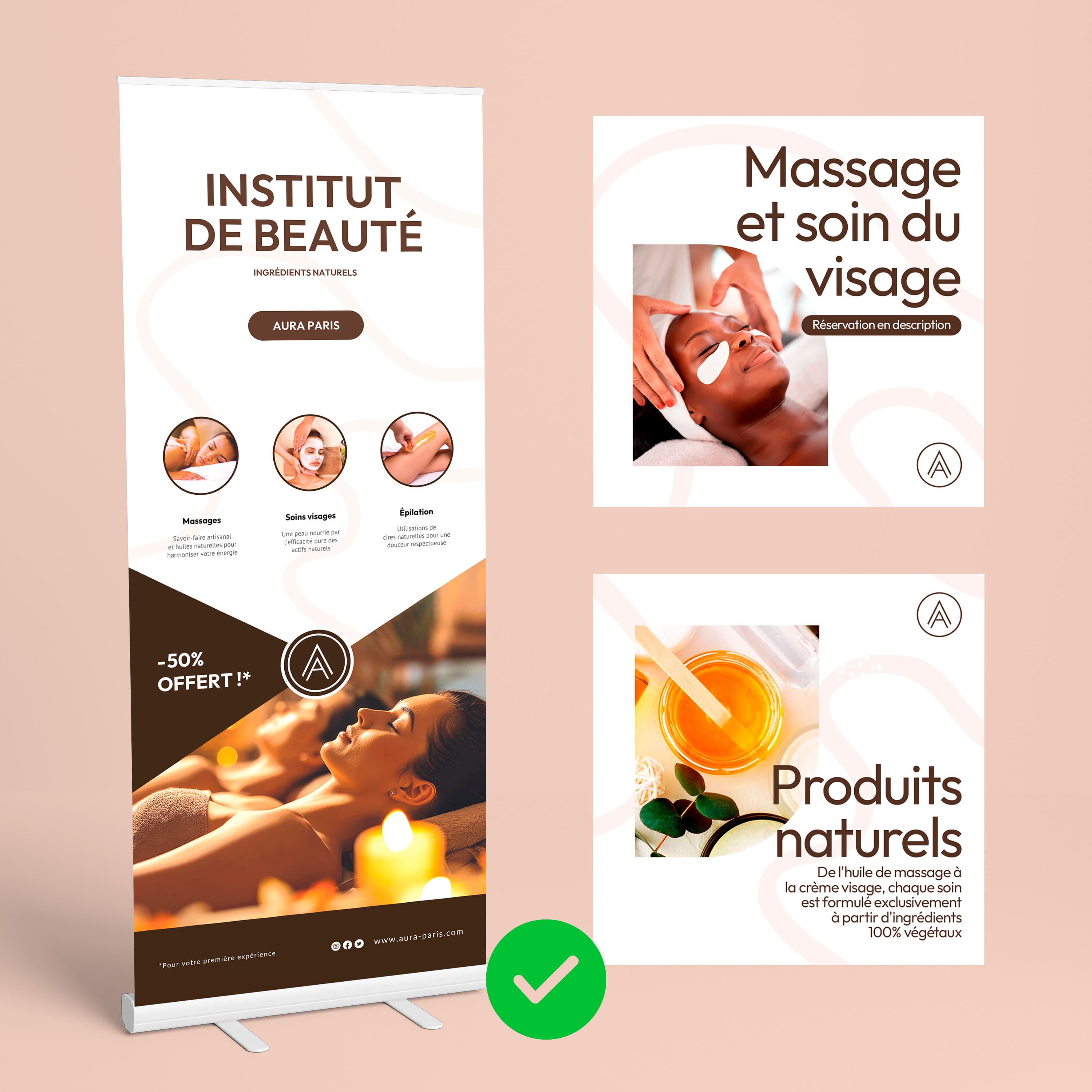 Présentation d'une identité visuelle complète et élégante pour l'Institut de Beauté 'Aura Paris', axée sur les 'Ingrédients Naturels'. Le visuel est composé de trois éléments graphiques : 1. Un roll-up publicitaire vertical affichant le logo, les services (Massages, Soins visages, Épilation) et une offre promotionnelle de -50%. 2. Une publication pour les réseaux sociaux axée sur le 'Massage et soin du visage' avec une photo de haute qualité et le call-to-action 'Réservation en description'. 3. Une autre publication sociale pour les 'Produits naturels', avec une image macro d'huile de massage et la promesse d'ingrédients 100% végétaux. L'ensemble utilise une palette de couleurs douces (blanc, tons pêche, orange naturel) et une typographie moderne et épurée, démontrant l'expertise de Nux-Studio en branding complet, design de support imprimé et création de contenu graphique pour les réseaux sociaux (Instagram, Facebook) du secteur de la beauté et du bien-être.