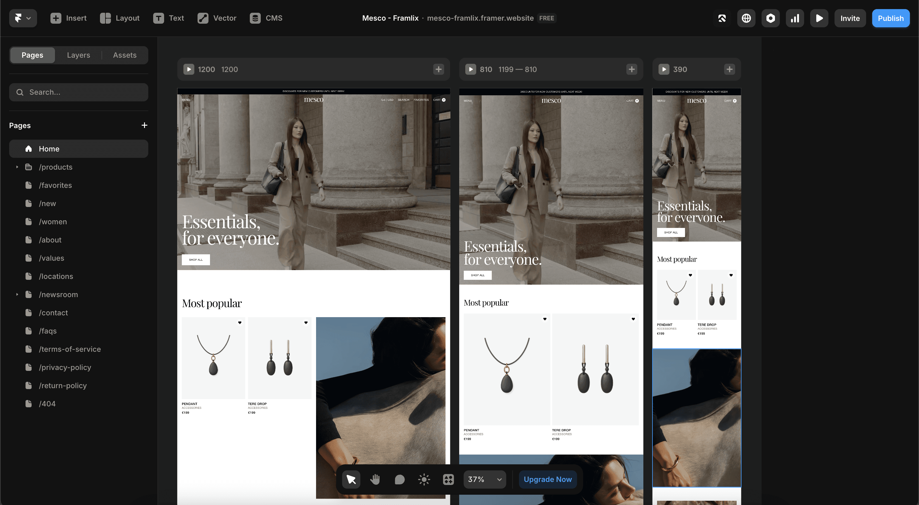 Framer eCommerce template editor view showing responsive design, dynamic CMS collections, and modular components for easy customization.