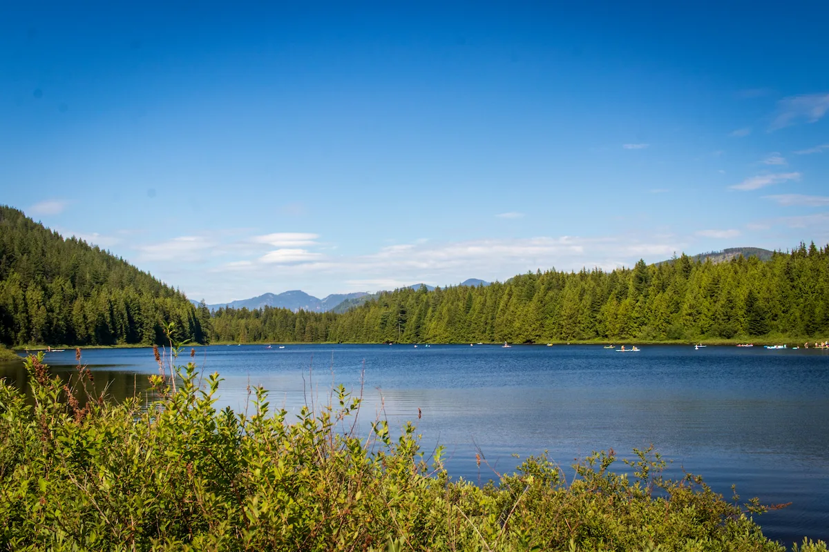 Scenic view of Rolley Lake in Mission, BC, with calm blue water, forested hills, and a clear summer sky.
