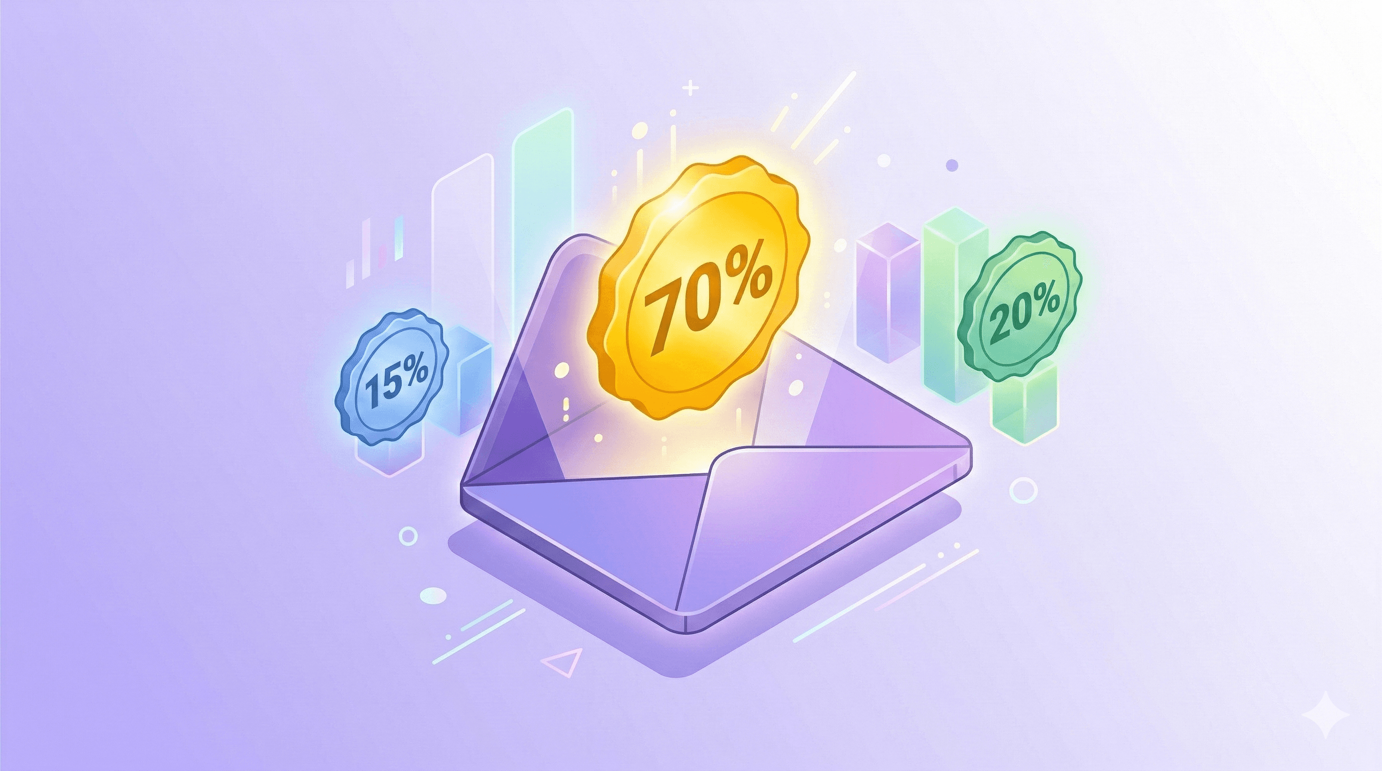 An infographic-style illustration showing an email envelope opening with a glowing 70% badge floating above it. Around the envelope, smaller dimmer badges show 15% and 20% representing other email types. Bar chart elements in the background subtly show the comparison. Soft purple shadows, clean isometric design, lavender to white gradient background. No text labels. 16:9 aspect ratio.