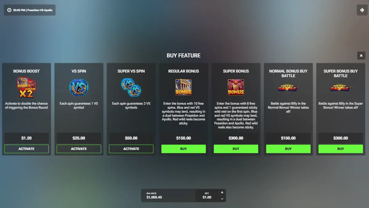 Poseidon Vs Apollo - menu des fonctions et bonus