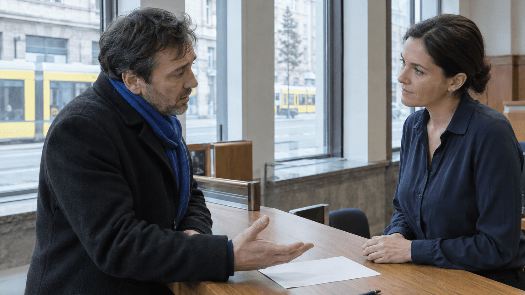 Bankberaterin in dunkelblauer Bluse hört an einem Eichentresen einer Berliner Filiale einem Kunden in schwarzem Mantel mit kobaltblauem Schal zu, der mit sorgenvoller Miene etwas erklärt; zwischen ihnen ein leeres Blatt Papier, draußen eine gelbe Tram im Morgenlicht
