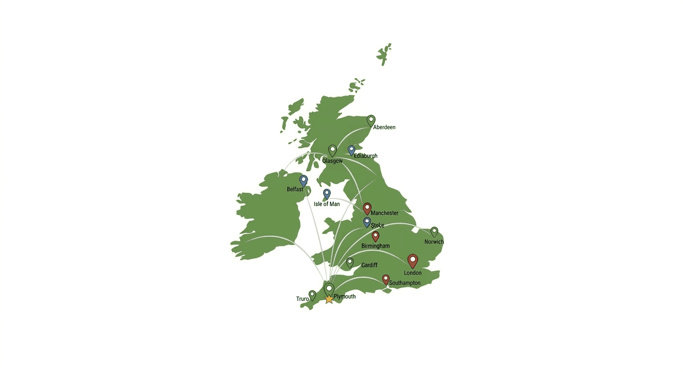 Map of the United Kingdom in brand green showing Moving On Removals' service coverage from their Plymouth headquarters to national destinations like London, Manchester, and Glasgow, alongside a list of local service areas including Saltash, Ivybridge, and the Tamar Valley.