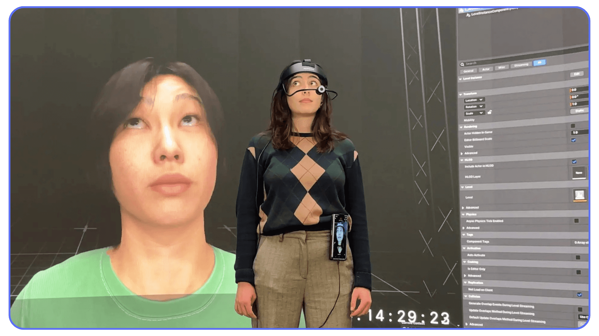 MetaHuman facial capture setup using Live Link, showing an actor wearing a head-mounted camera with real-time face tracking displayed in Unreal Engine.