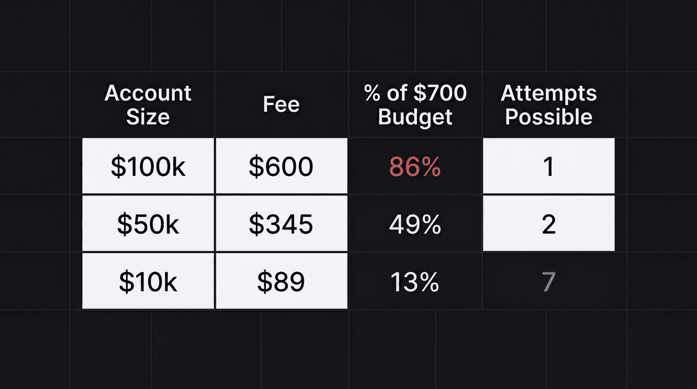 Comparison table showing three account sizes with their challenge fees, disposable income percentage, and number of possible attempts