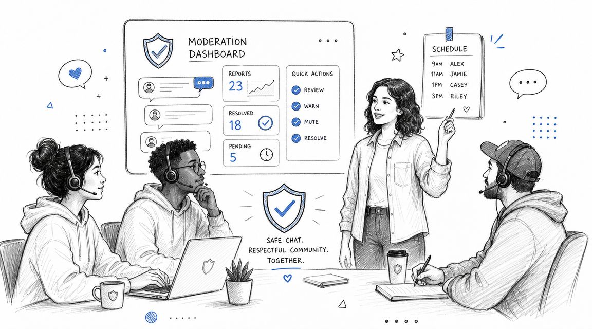 A team of moderators collaborating in front of a digital dashboard for community safety and chat management.
