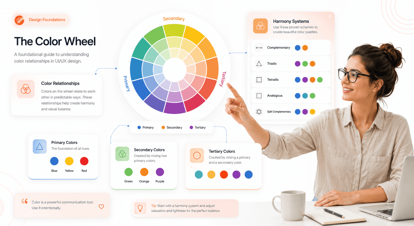 “Interactive SaaS-style color wheel showing primary, secondary, and tertiary colors with floating UI components and educational design system panels.”