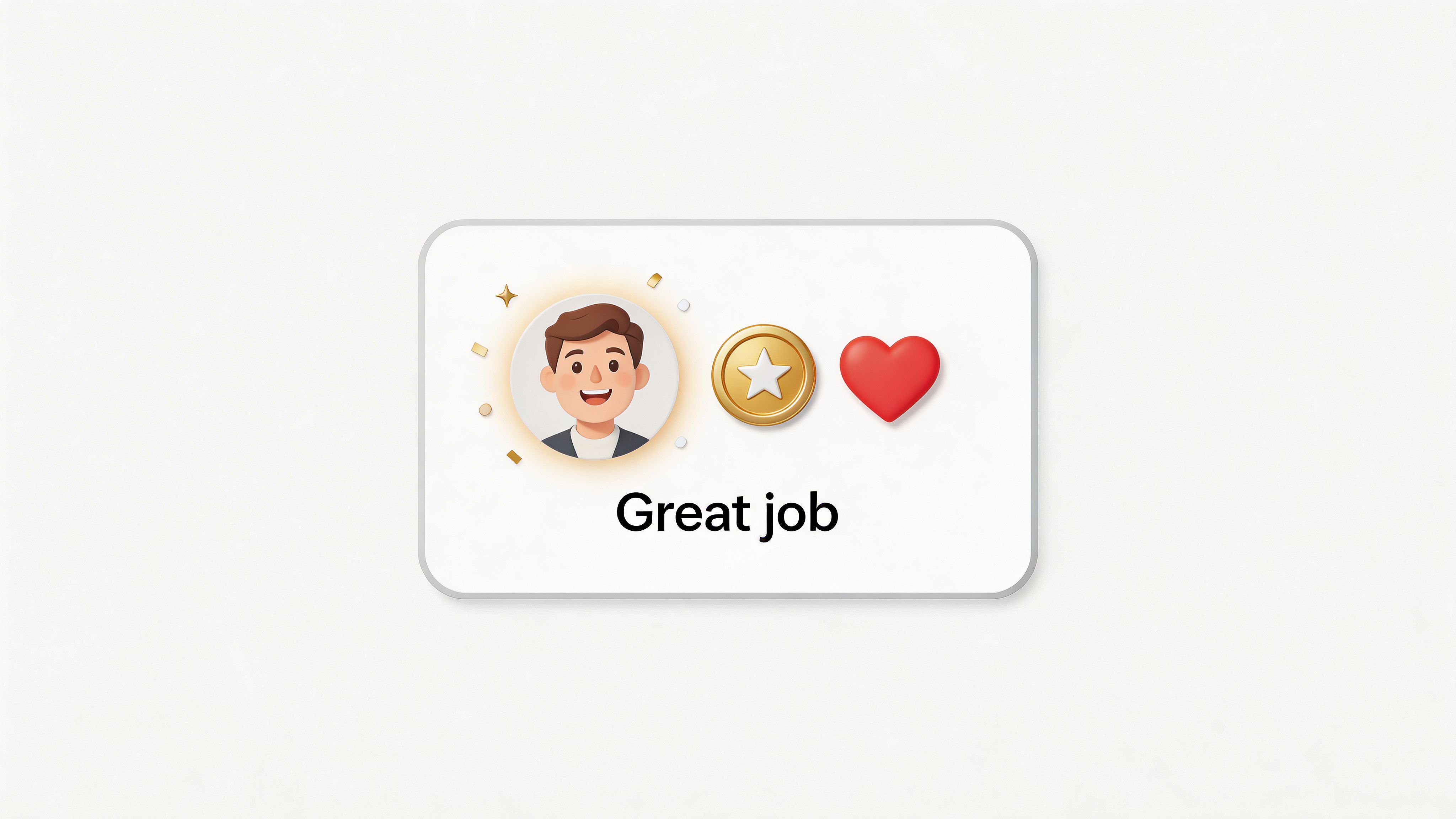 A celebratory card graphic with a cartoon character, a gold star coin, and a heart icon.