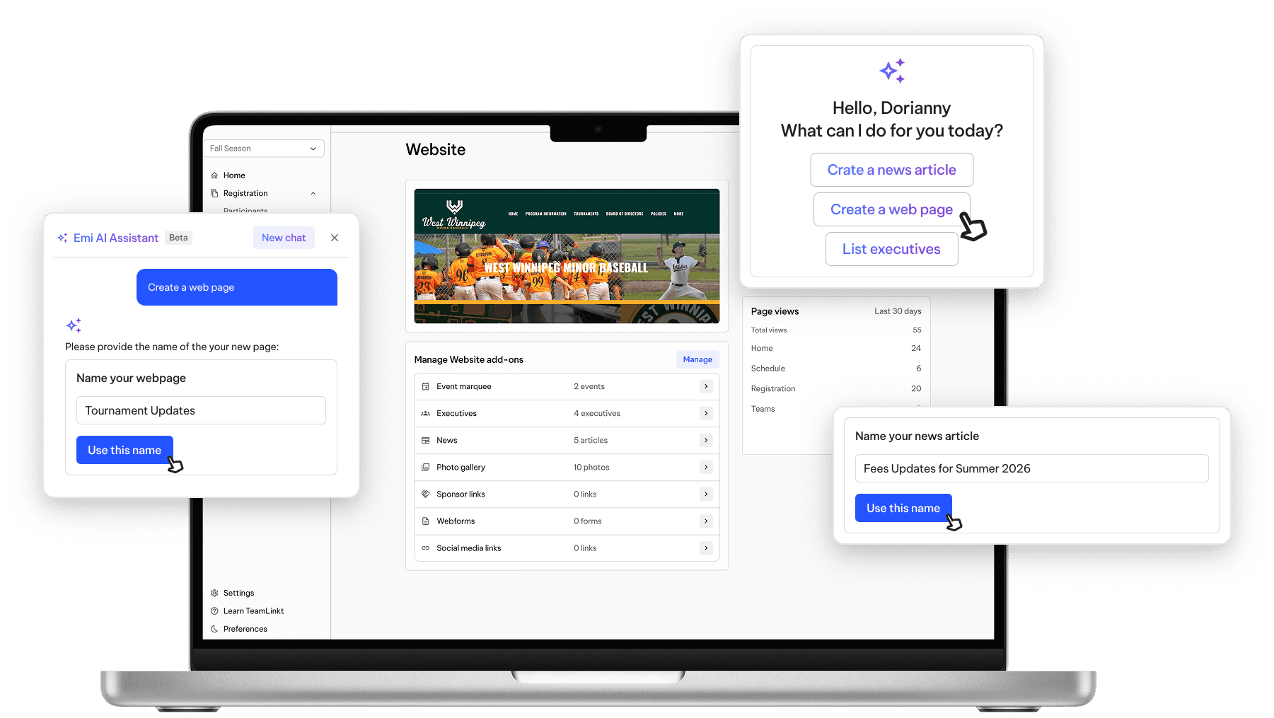 TeamLinkt's Baseball Website Builder with Emi AI Assistant Tool