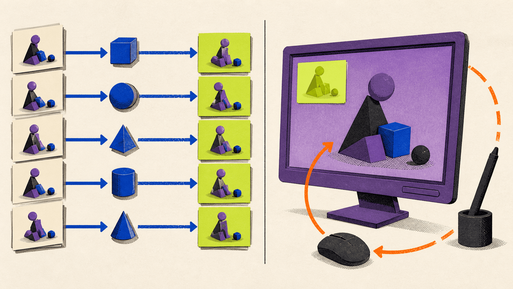 Editorial collage showing a lightweight laptop connected to a larger remote workstation for modeling, animation, previewing, and rendering a 3D project.
