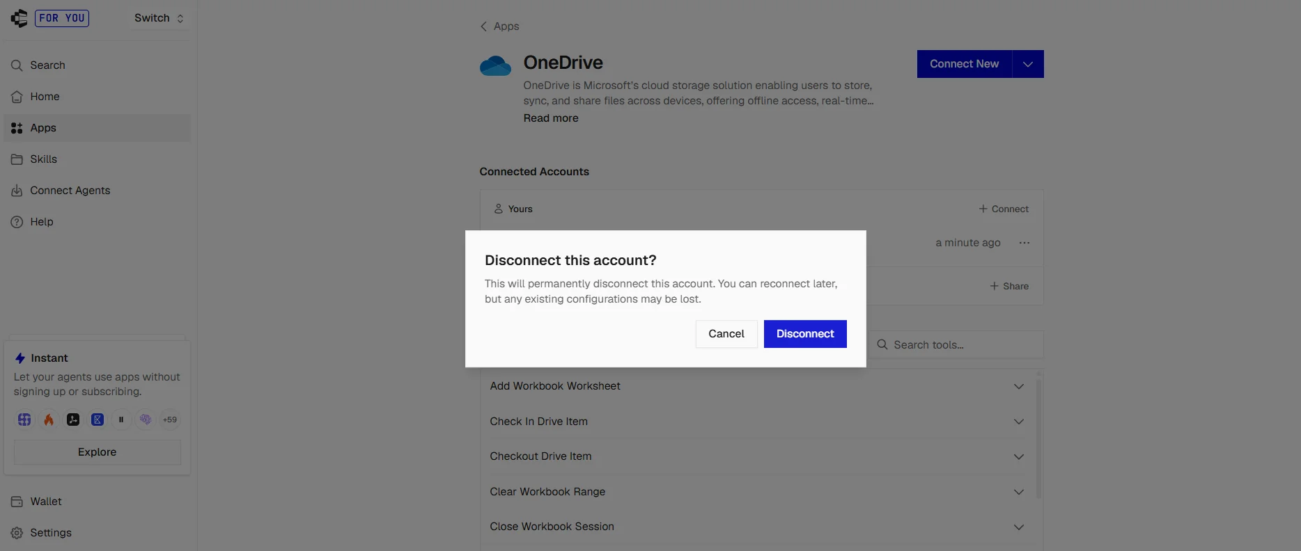 Composio dashboard disconnect account dialog