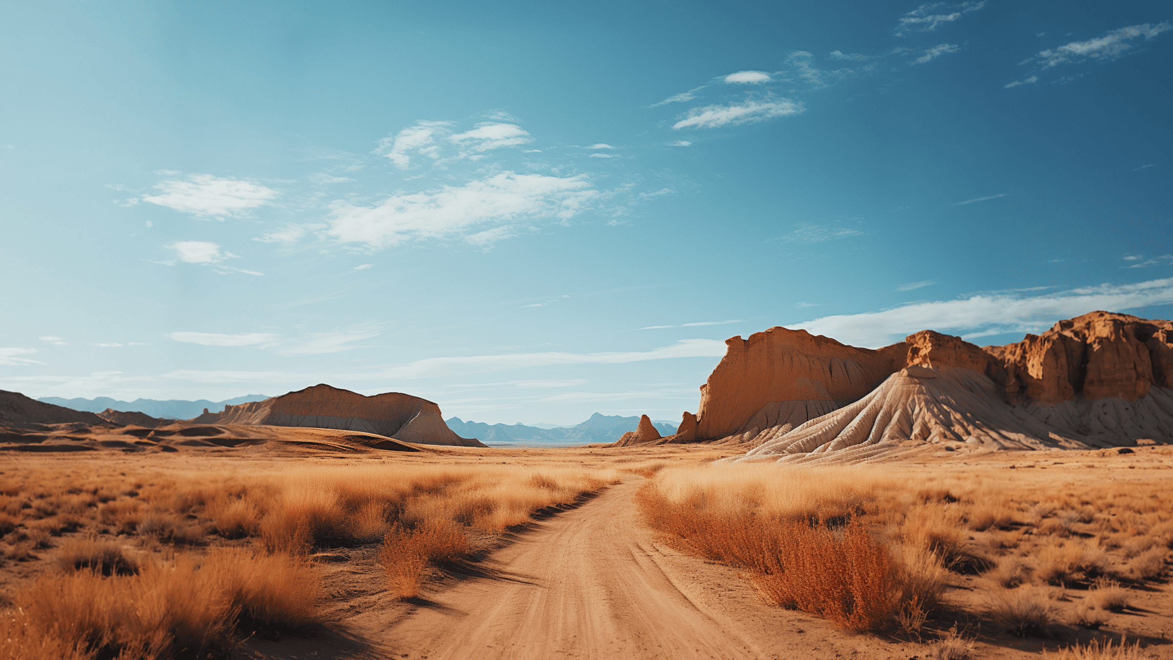 Desert road leading through golden plains toward rocky cliffs under a clear blue sky in AlUla.