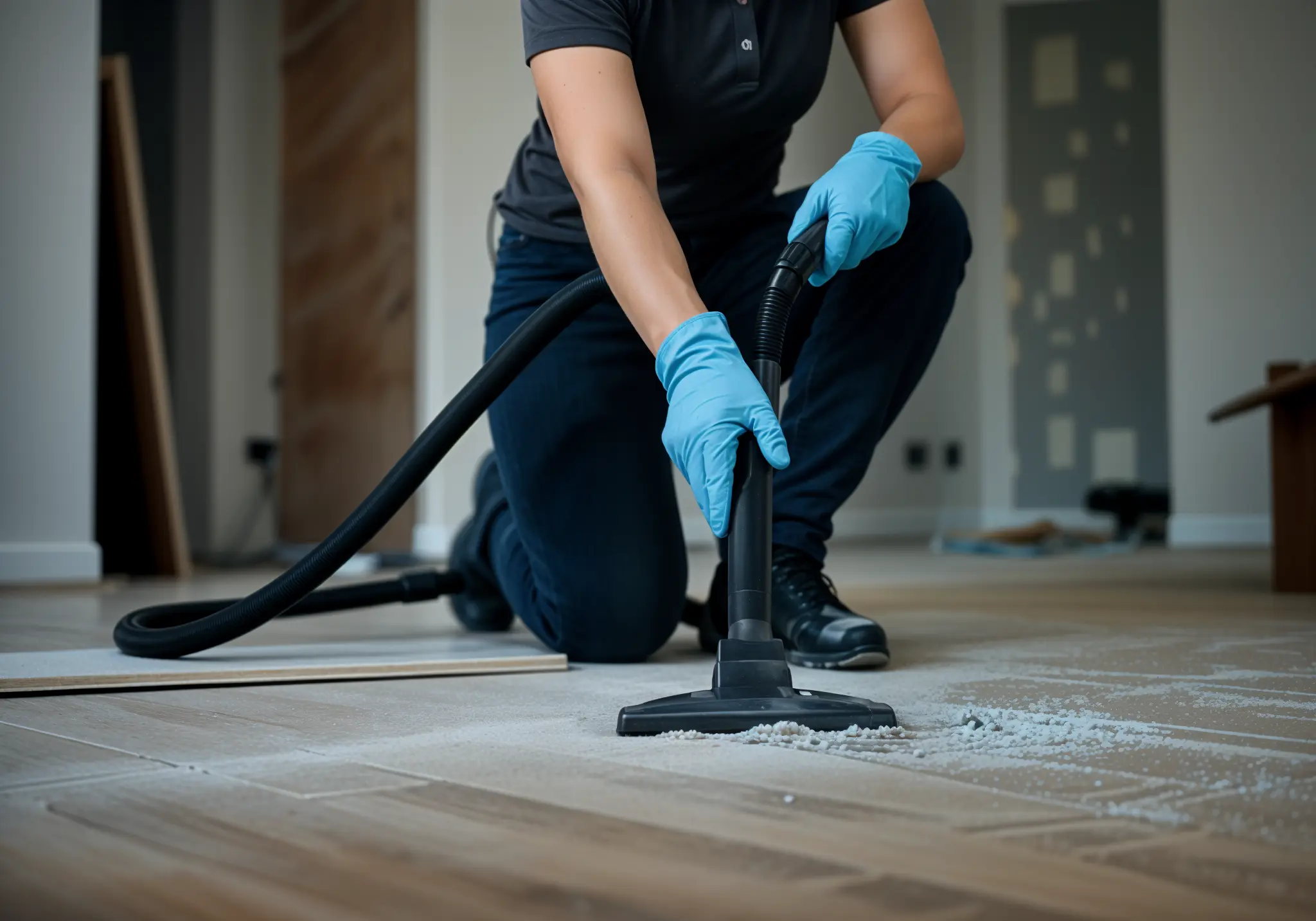 A cleaning professional uses a vacuum nozzle to clean up drywall dust on a home renovation project