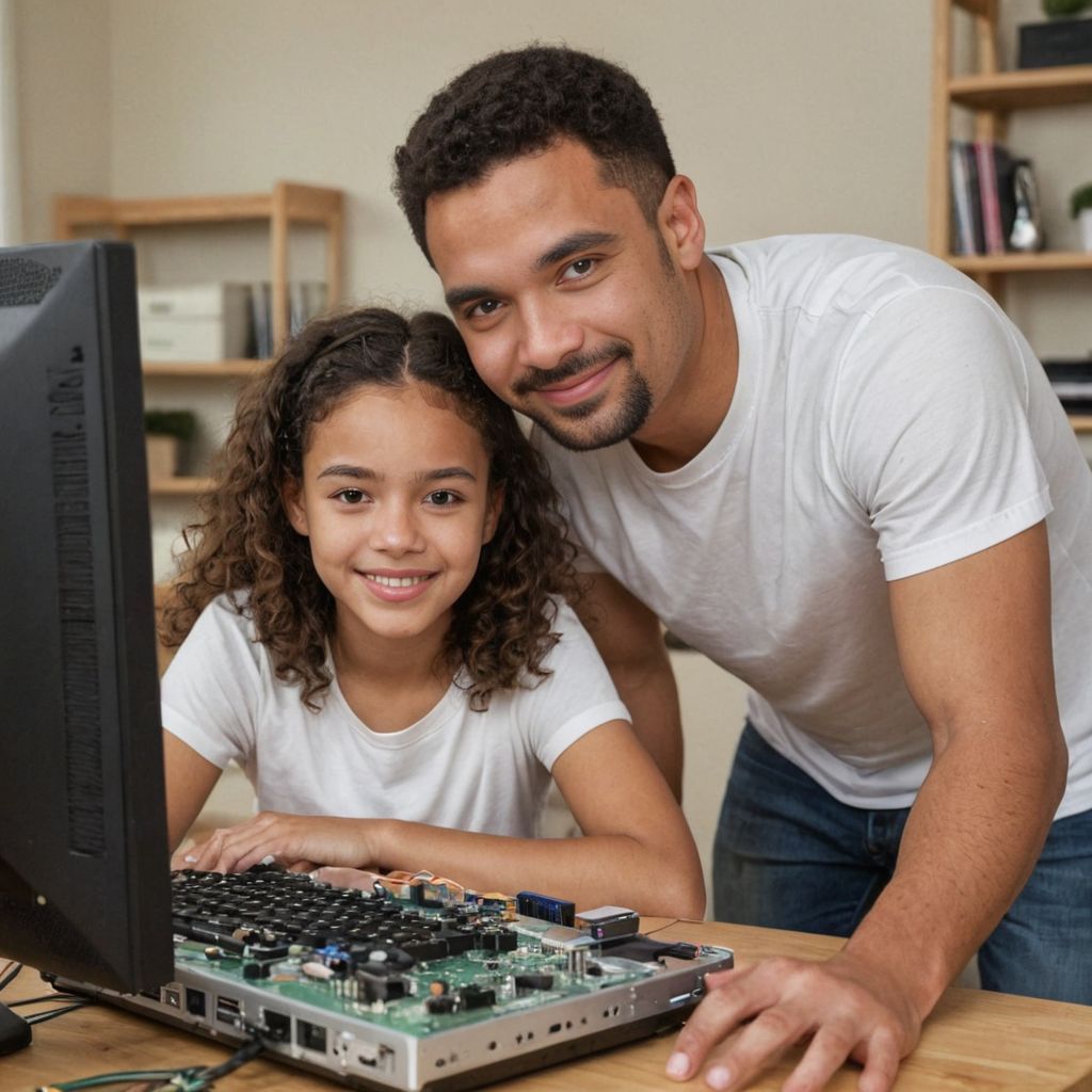 father and daughter working on laptop