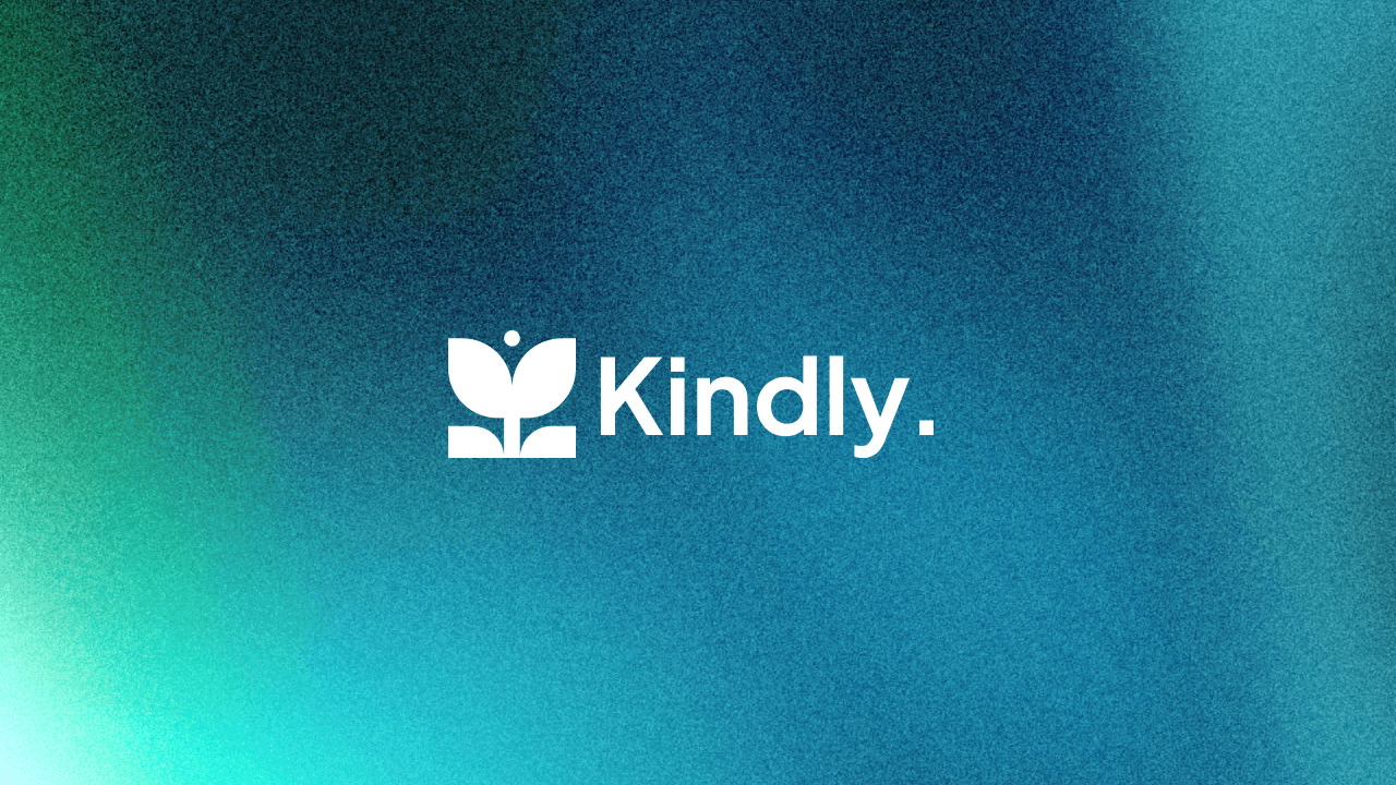 Kindly logo on textured blue-green background.