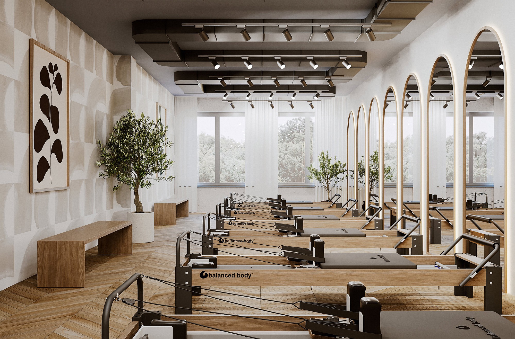 A modern, minimalist interior with wooden flooring, large windows, and a few plants giving a bright, airy feel.