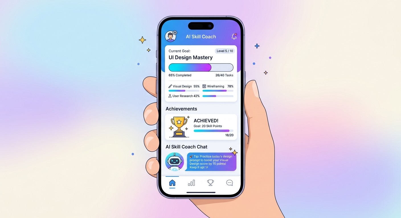 AI skill coach mobile app illustration with progress bars and trophy
