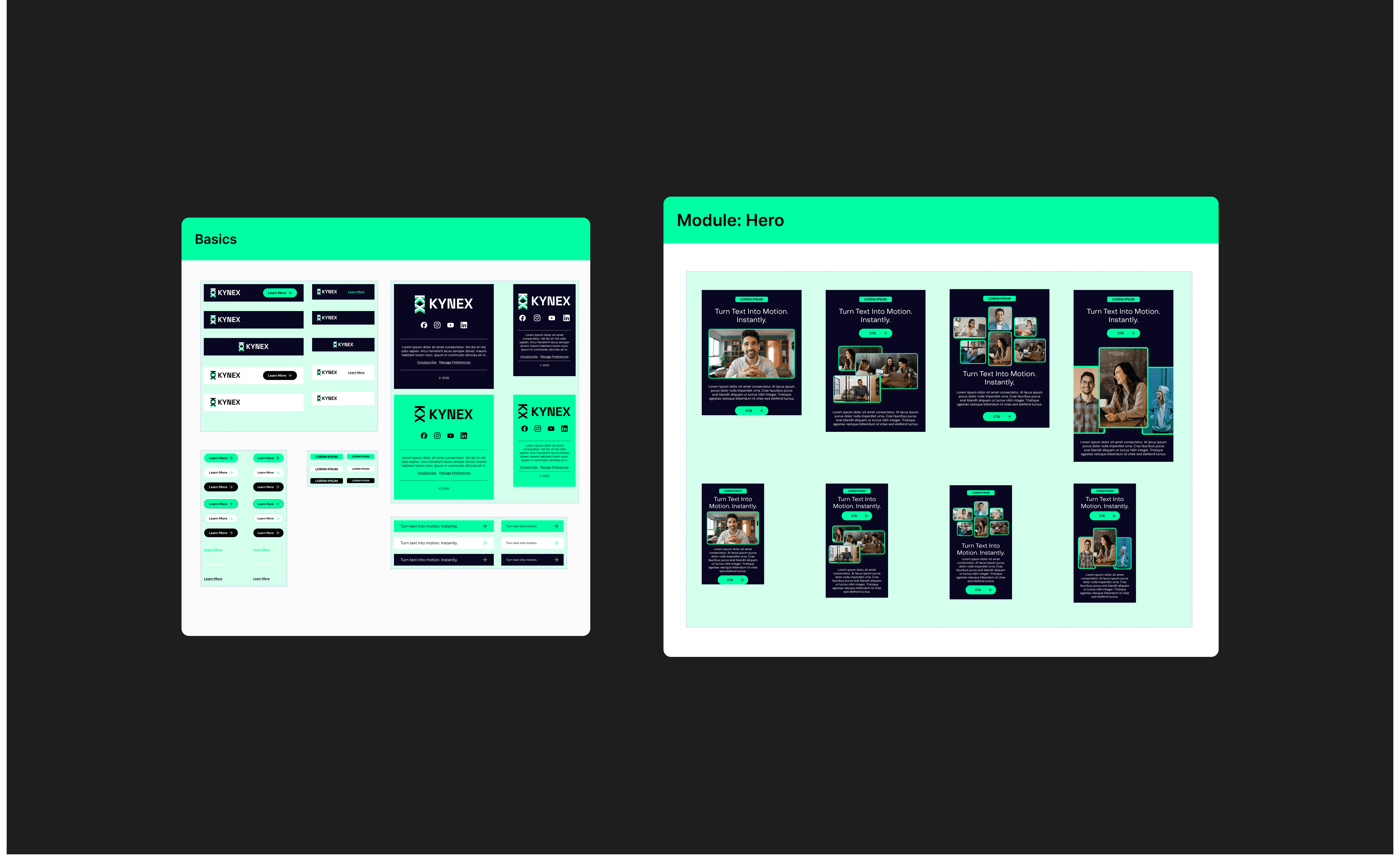 Two side-by-side sections illustrating core email components—header, footer, and CTAs—plus a hero section variant built from those components.