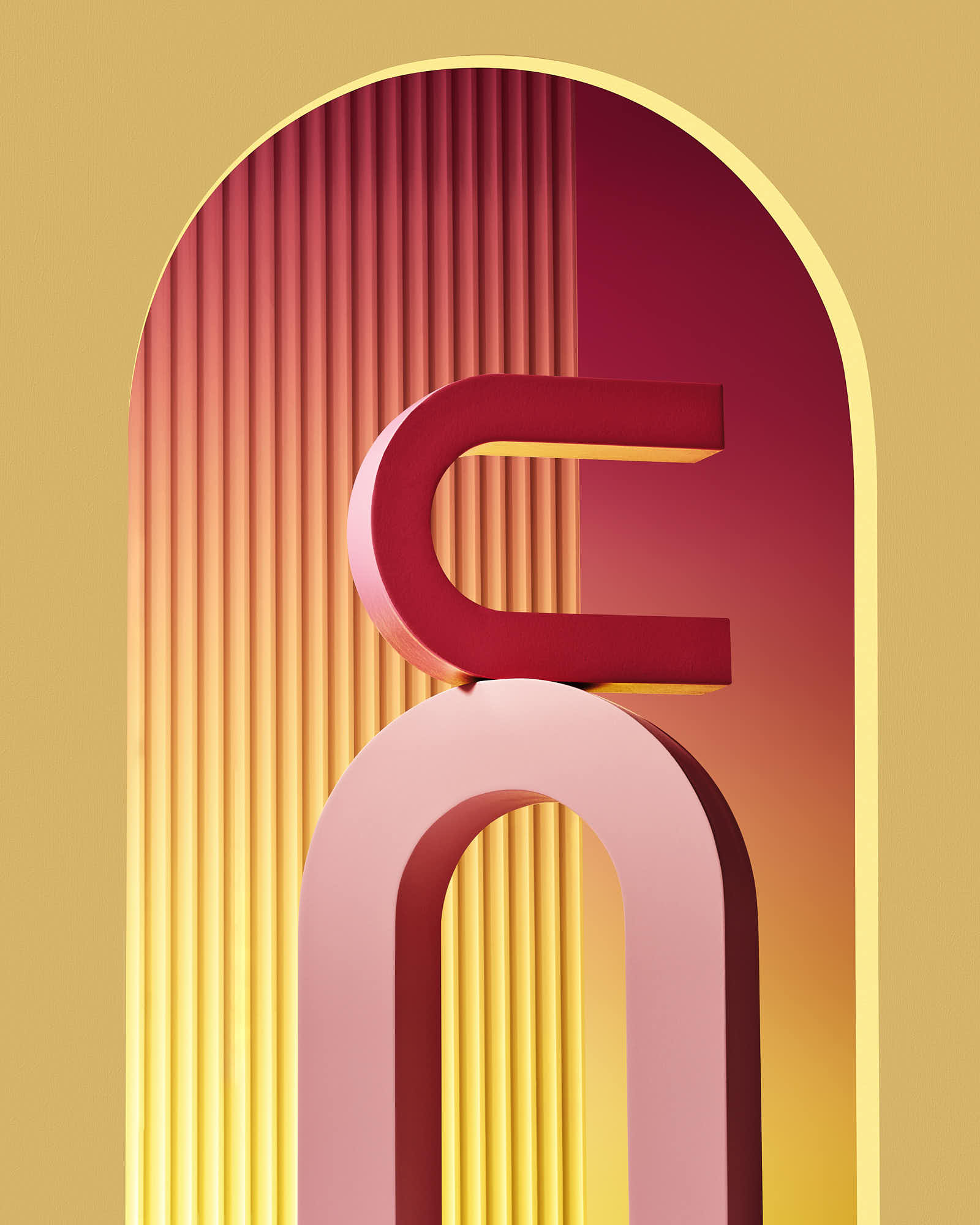 Modern abstract sculpture with bold red, pink, and yellow gradient background.