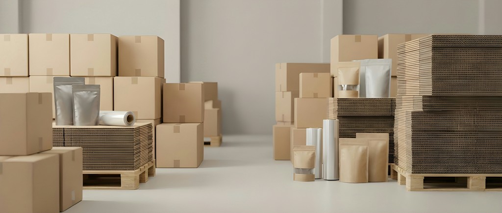 Cardboard boxes and packaging supplies in a warehouse.