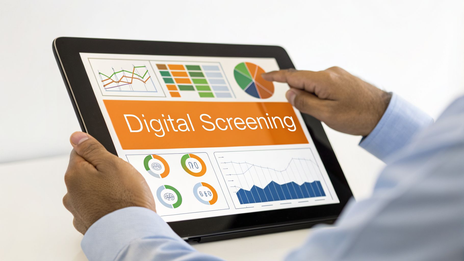 A person interacts with a tablet displaying digital screening information and colorful data visualizations.