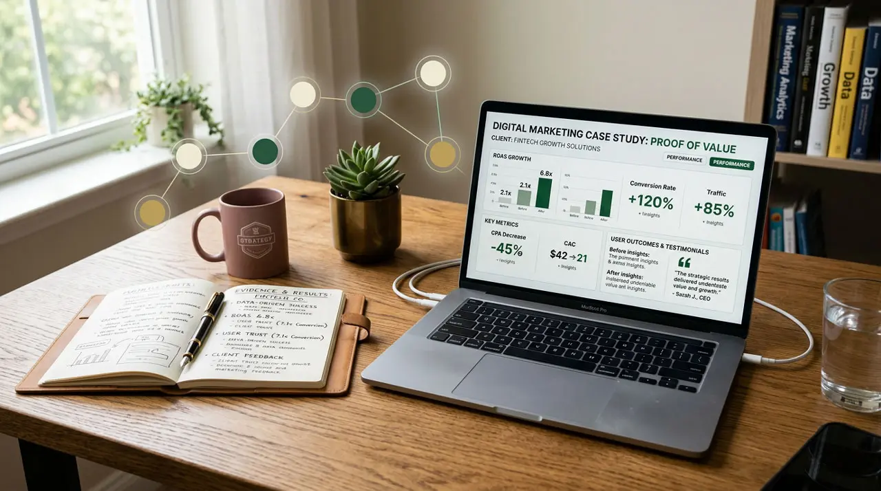 Laptop mostrando un estudio de caso con métricas de resultados que representan pruebas de valor para clientes potenciales.