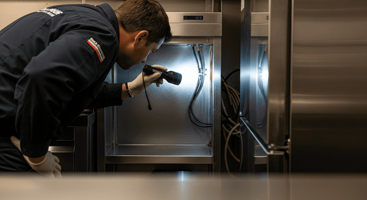 Technician in full protective gear performing insecticide spray treatment inside a facility