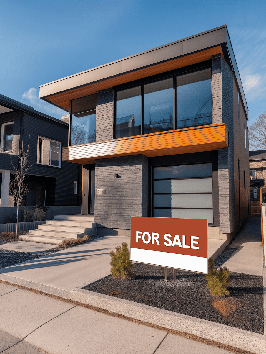 Modern two-story house with sleek gray and wood facade, large windows, and a "For Sale" sign in front, set under a clear blue sky.