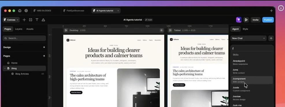 The Framer Agent panel showing its available skills beside desktop and tablet blog layouts.