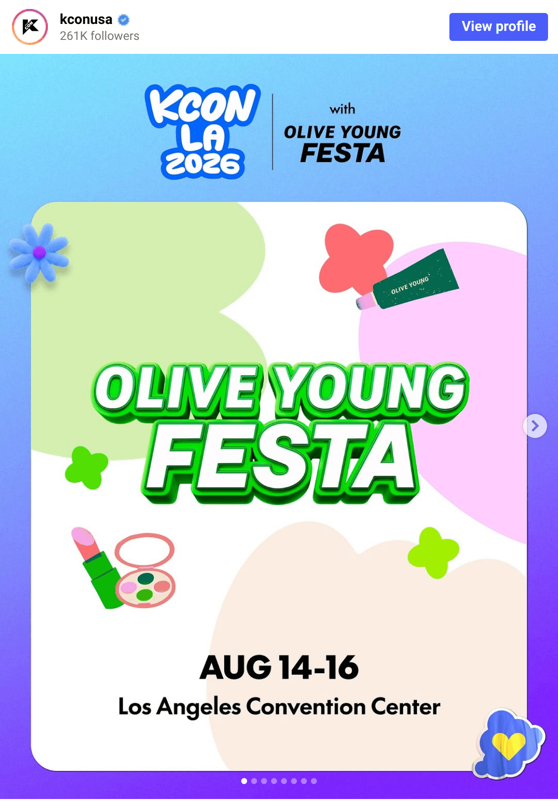 KCON USA official Instagram post announcing OLIVE YOUNG FESTA at KCON LA 2026 (Aug 14-16, Los Angeles Convention Center)