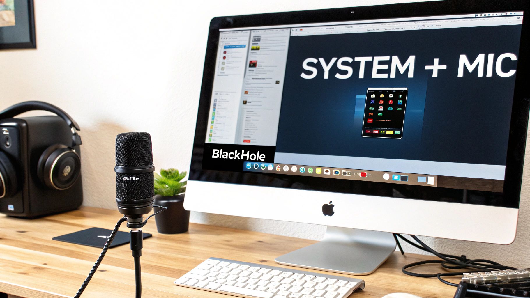 A professional Mac desktop setup with a microphone, headphones, and an iMac displaying audio capture software.