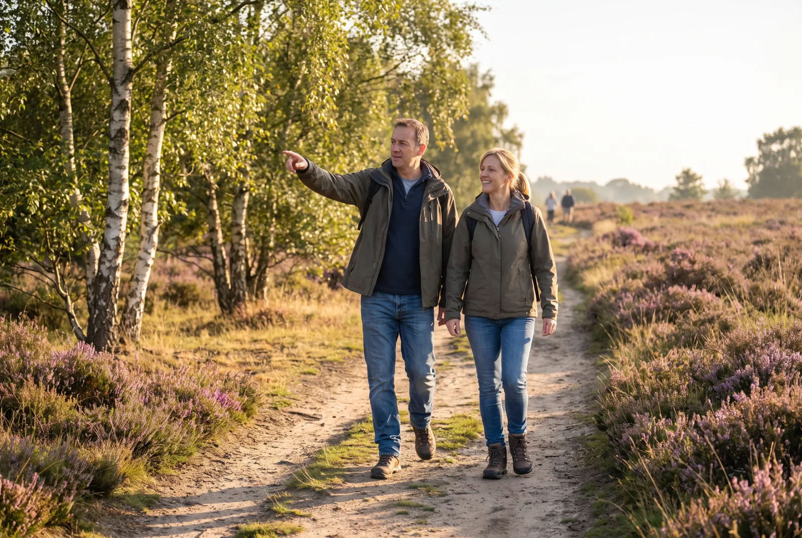 Two people enjoying a walk on a heathland trail