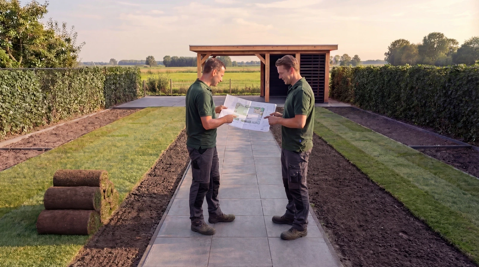 Twee hoveniers die kijken naar ingetekende tuin op papier.