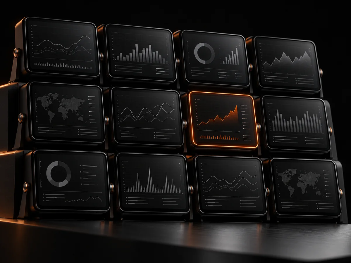 Twelve small black screens in a grid, one framed in orange