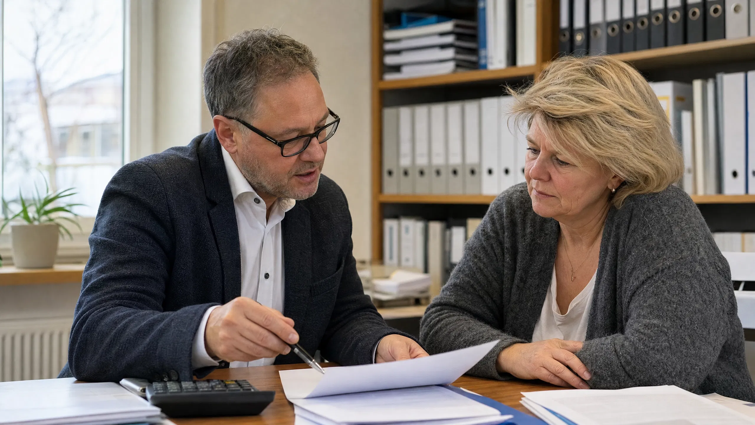 Ein Steuerberater mit Brille erklärt einer aufmerksamen Vermieterin in seinem österreichischen Büro etwas anhand eines Dokuments, im Hintergrund Regale mit Ordnern.
