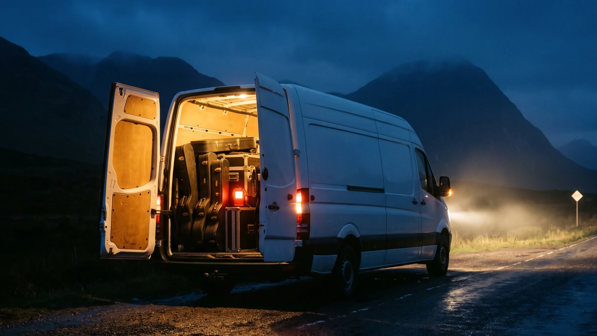 The tour van with its back doors open on a highland road at night